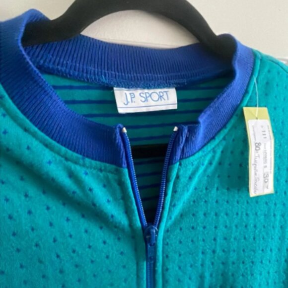 80s Turquoise Blue Polka Dot Peplum Sport Zip Sweater - Picture 3 of 4